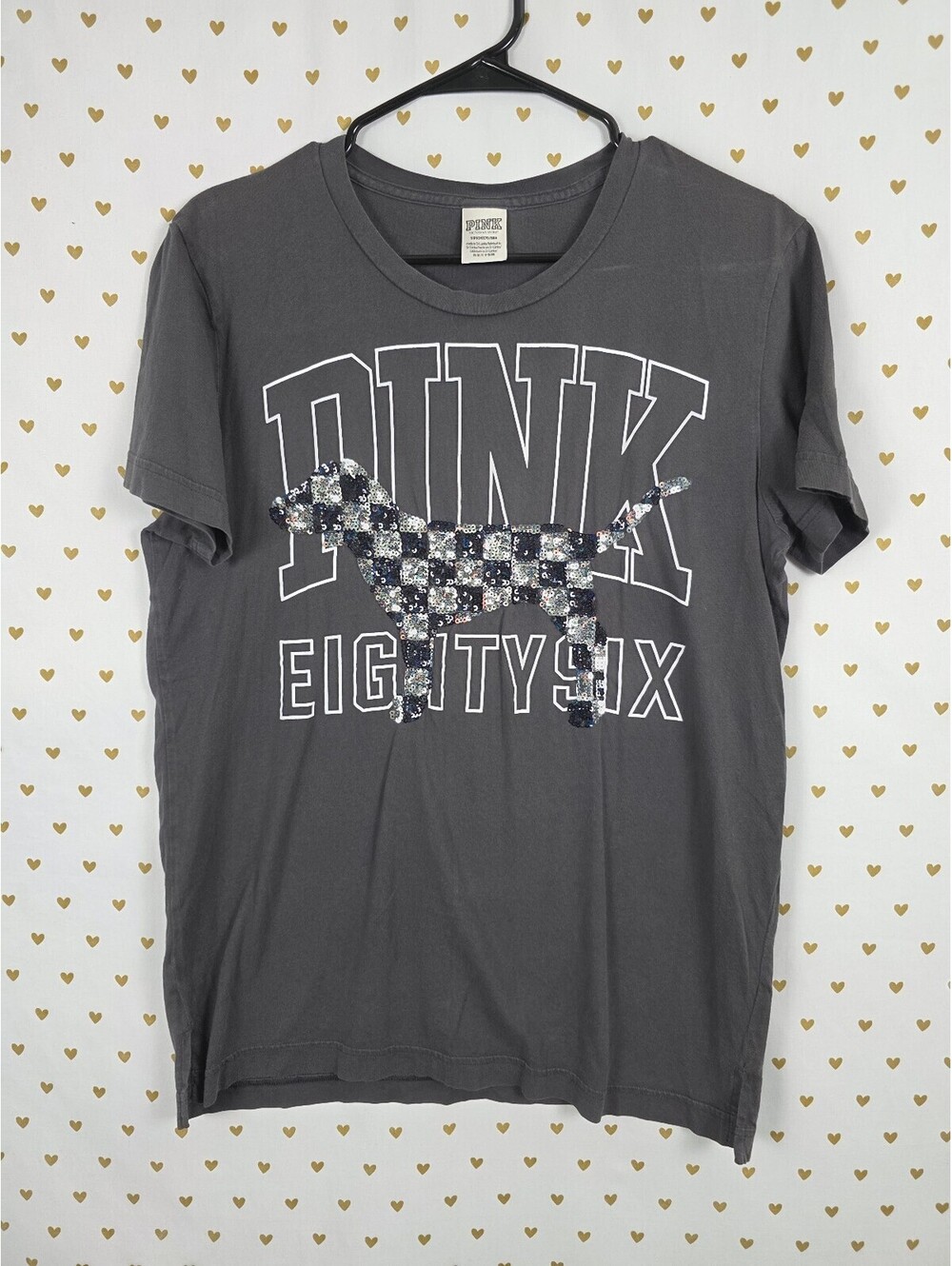 Victorias Secret PINK Checkered BLING Sequined Tee shirt 86 Grey Small